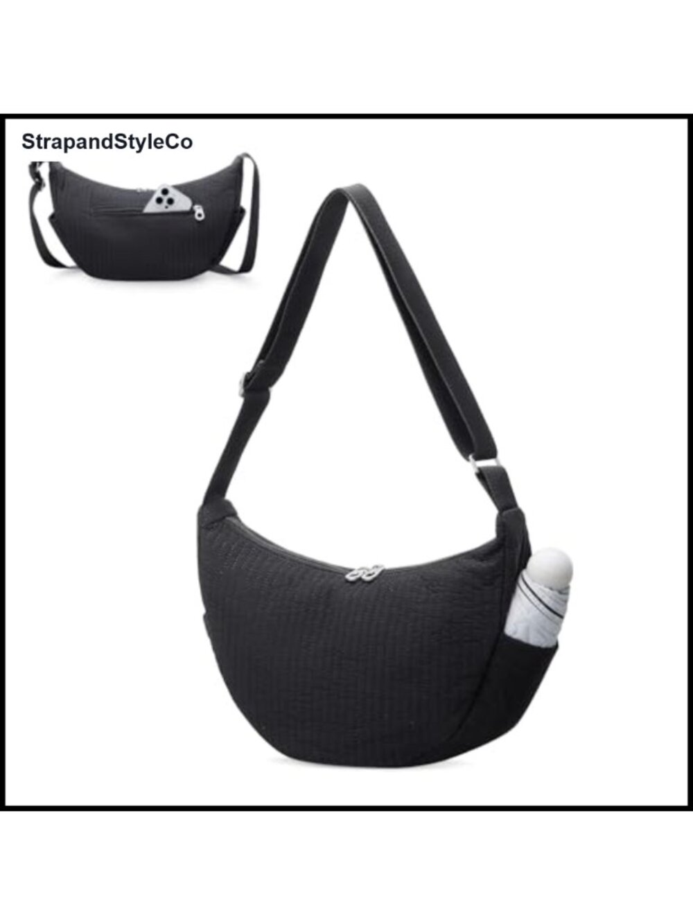 Quilted Nylon Puffer Hobo Crossbody Bag Half-Moon Side Pockets